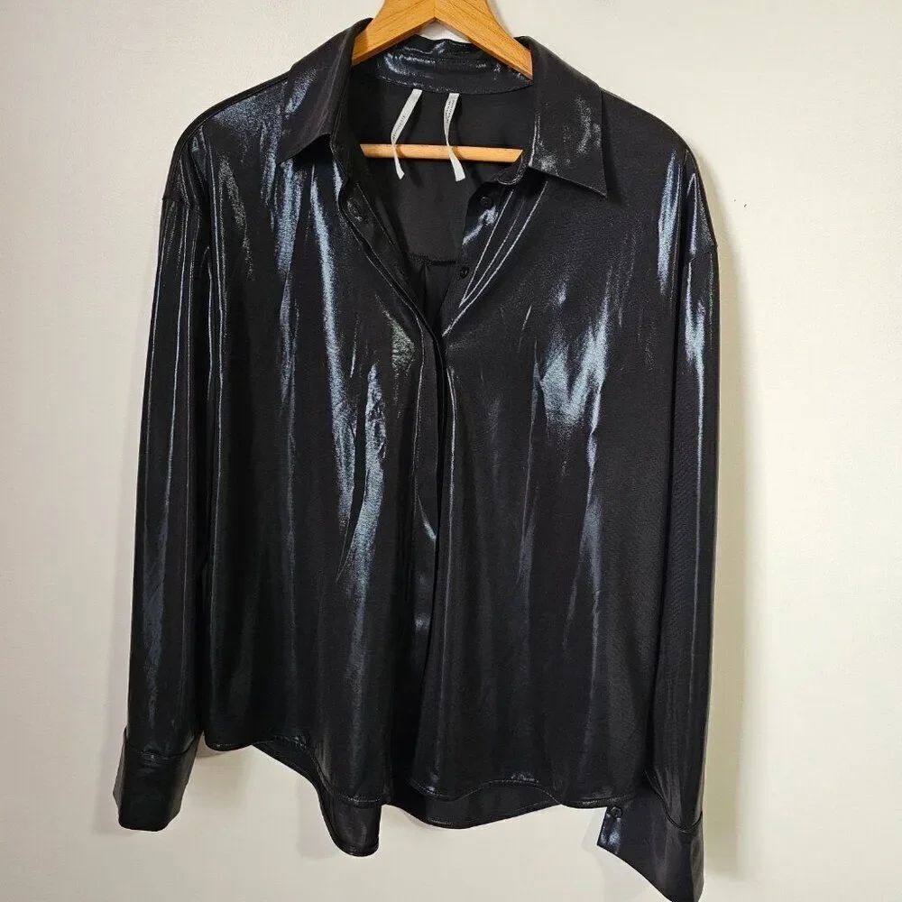 EUC LIKE NEW ANTHROPOLOGIE BLACK LIQUID SHINE WET LOOK BUTTON DOWN SHIRT SZ M